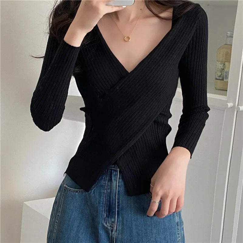 Autumn Winter Knitwear Tops Women Pullover Sweaters Fashion Female Long Sleeve Skinny Elastic Casual V-neck Knitted Shirts