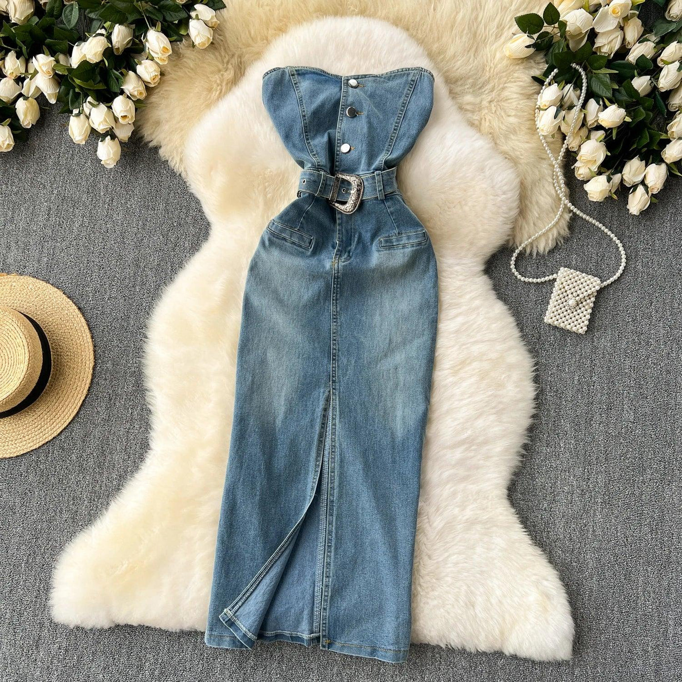 Denim Dress Women Sheath Dresses Vintage Sexy Vestidos Sleeveless Backless Washed Belt Tight Waist Split Sundress Summer 2025