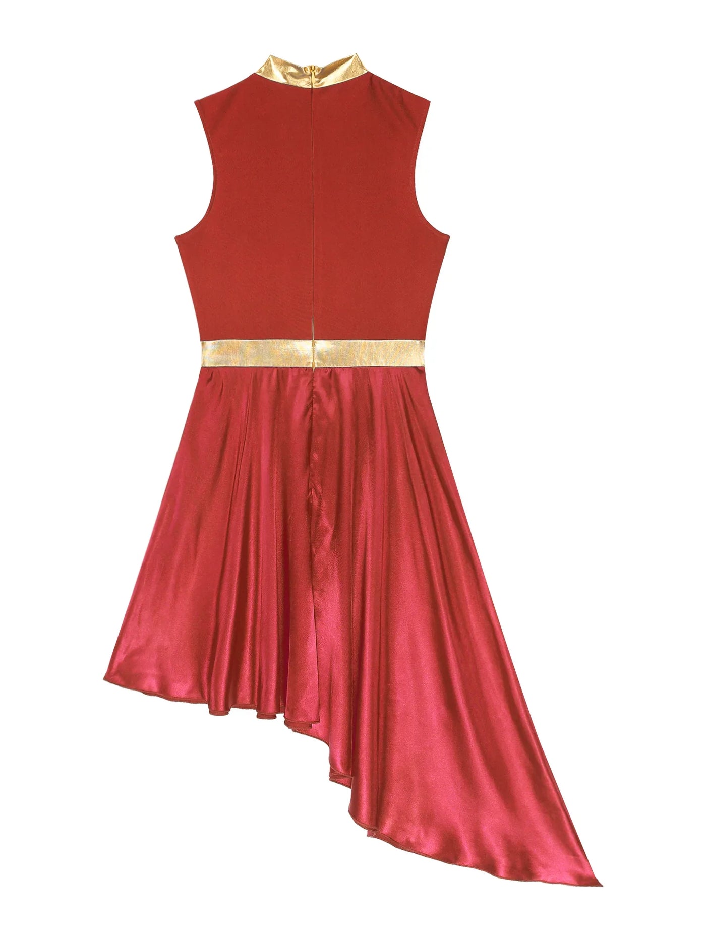 Women Lyrical Dance Dress Color Block Patchwork Invisible Zipper Back Flowy Asymmetrical Hem Sleeveless Dresses Dancewear