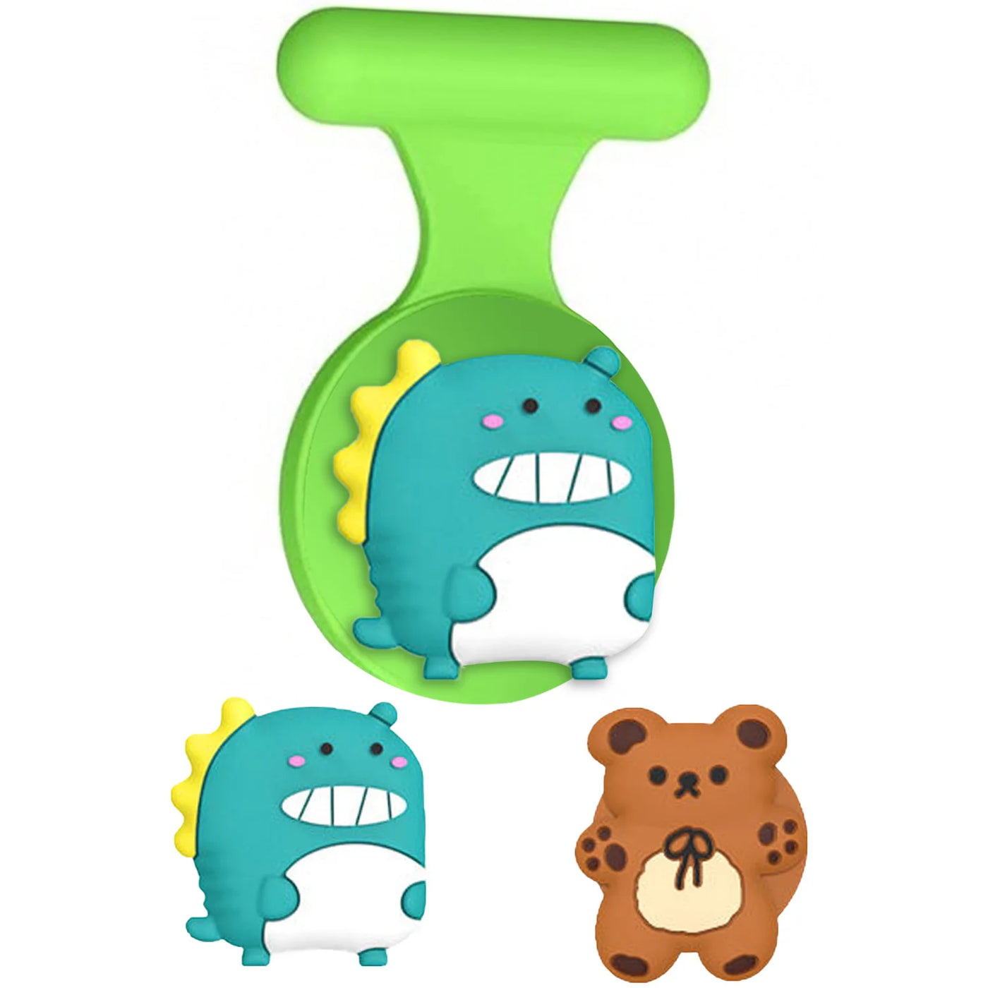 Green dinosaur leash holder with bear design and blue accents for AirTag kids accessories