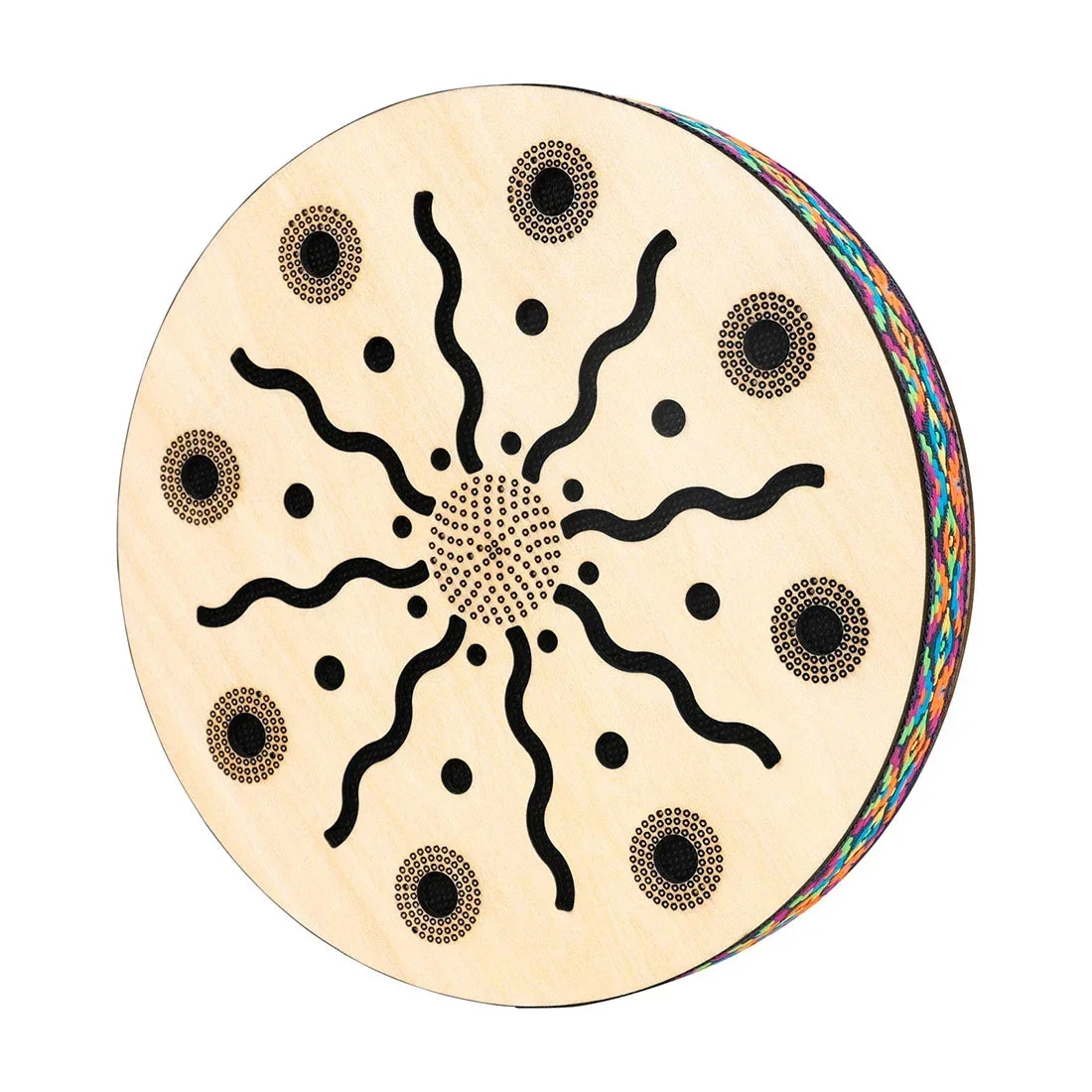 M MBAT 8 Inch Stream Drums Solid Wood Hand Carving Sun Pattern and Colorful Woven Trim Sea Wave Sound Percussion Instrument