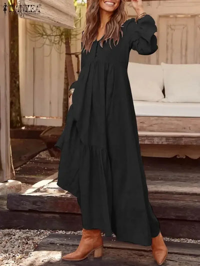 Vintage Cotton Linen Long Sleeve Dress Women Casual Autumn Maxi Robe V Neck Tiered Loose Vestido