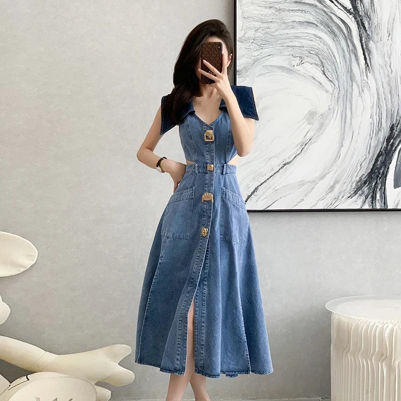 Designer Denim Dress Women Long Dresses Single Breasted Big Turn-down Collar Waist Slimming Temperament Split A-Line Vestidos