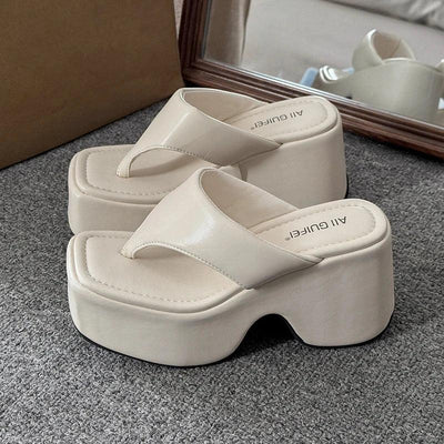 Women's Summer Outdoor Platform Sandals Flip Flops High Heel Thi Bot Clog oes Heightening Slippers Korean Sle PU Mat...