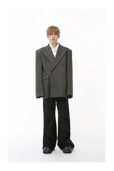 IEFB Korean Style Men's Blazers Double Breasted Shoulder Padded Tops Turn-down Collar Solid Color Loose Male Suit Jackets 9C8669