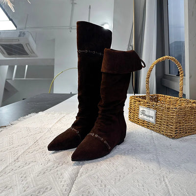 Women's Knee High Boots Suede Material Lace Up Back Pointed Toe Flat Heel Multiple Colors Autumn Winter Casual Daily Boots