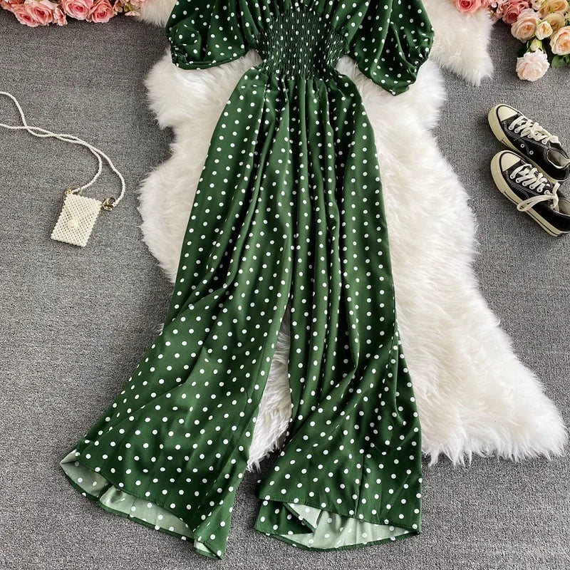 V Neck Sexy Dolman Sleeves Waist Slim Polka Dot Print Jumpsuit Women Wide Leg Trousers Jumpsuit