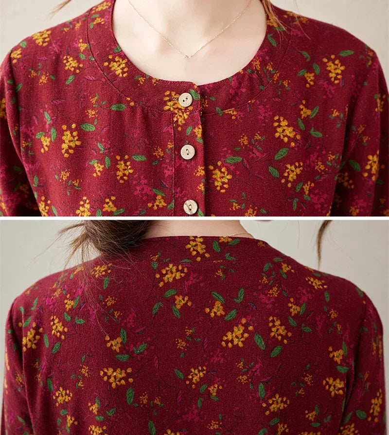 Long Sleeve Cotton Linen Vintage Floral Print Dresses For Women 2025 New Spring Autumn Casual Dress Robe Femme Elegant Clothing