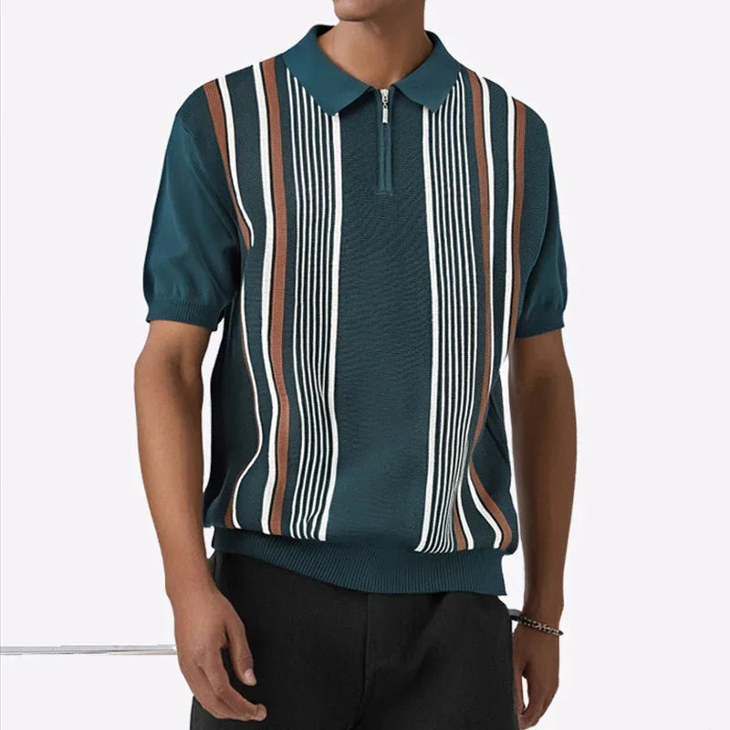 Trendy Men's Slim Knitted Polo Shirts Summer Casual Short Sleeve Zip-up Polo Neck Tops For Men Daily Leisure Striped Knit Polos