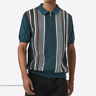 Trendy Men's Slim Knitted Polo Shirts Summer Casual Short Sleeve Zip-up Polo Neck Tops For Men Daily Leisure Striped Knit Polos