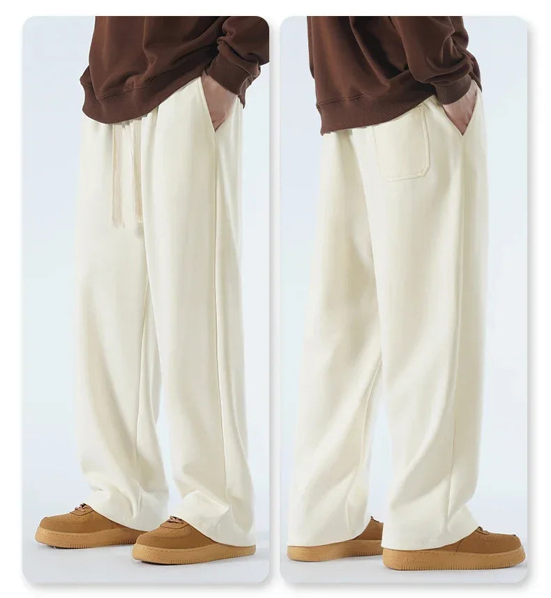 New Men's Casual Pants Wide Leg Straight 65% Cotton Fabric Outdoor Sweatpants Neutral High-quality Soft Long Baggy Trousers