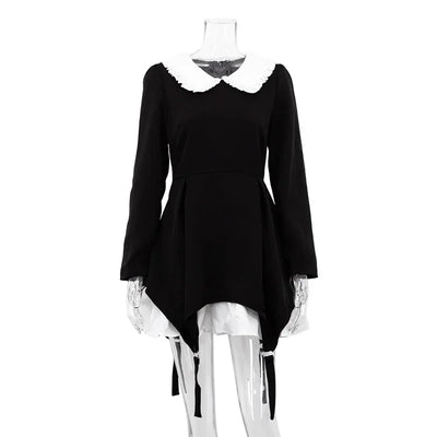 Doll Collar Casual Sheath Dresses for Women Autumn Long Sleeve Pullover Black and White Bodycon Knee Length Femme Fashion Dress