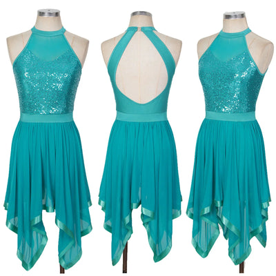 Elegant Ballet Leotards Dance Dress For Women Shiny Sequins Asymmetrical Hem Mesh Lyrical Dresses Prom Performance Costume