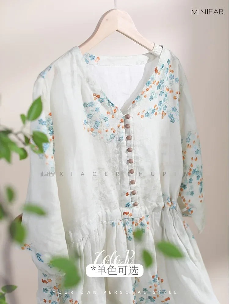 Summer Dress Women 2025 Long Print Elegant Clothing Vintage Elastic Waist Korean Beach Style V-Neck Fashion Robe Ropa De Mujer