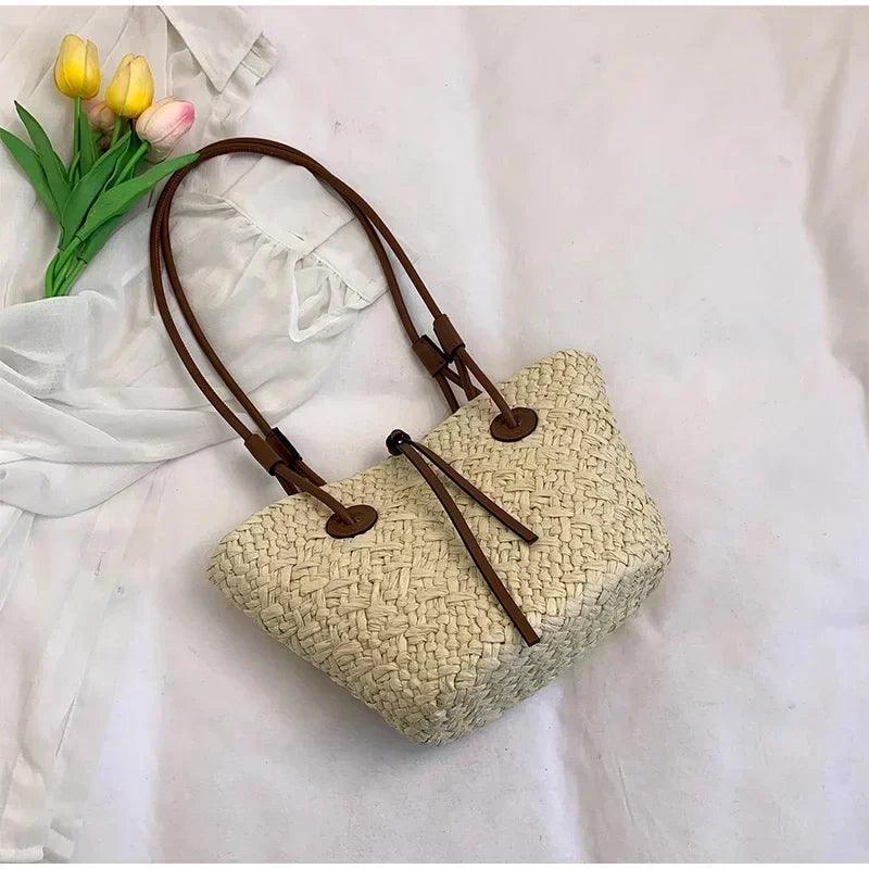 Designer bohemian chic shoulder bag,solid color large capacity straw woven tote bag,nature-inspired beach vacation