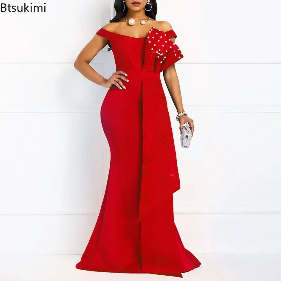 2025 Luxury Dress Women Designers Beaded Off Shoulder Mermaid Skinny Prom Floor Length Evening Dinner Wedding Party Maxi Dress