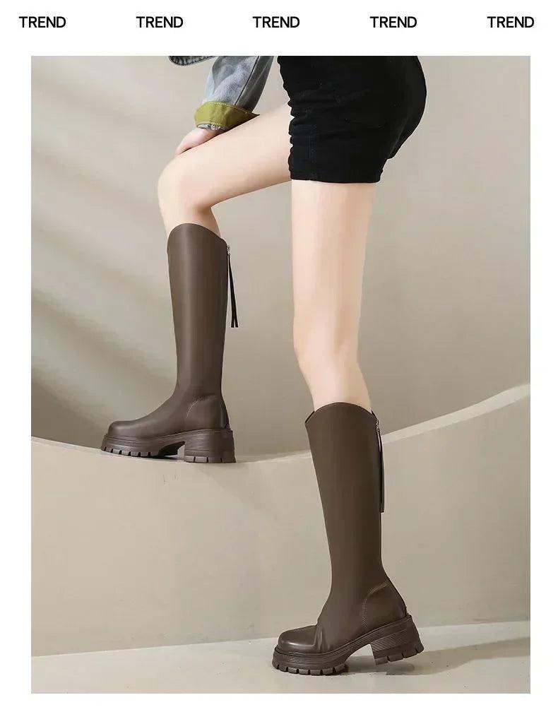 Long tube boots for women 2025 winter new height increasing knight thick heel retro versatile women’s