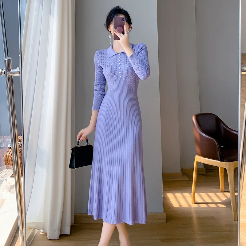 Sweater Dress Women New 2025 Autumn Winter Purple White Or Black High Waist A Line Dress Elegant Long Knitted Dress