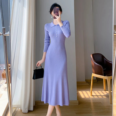 Sweater Dress Women New 2025 Autumn Winter Purple White Or Black High Waist A Line Dress Elegant Long Knitted Dress