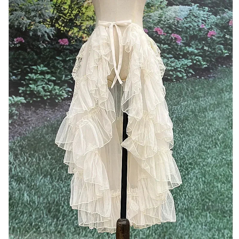 Women Double Layered Lolita Temperament Waist Curtain Sheer Cover Up High Low Skirt w. Asymmetrical Ruffles Skirts 2024 New
