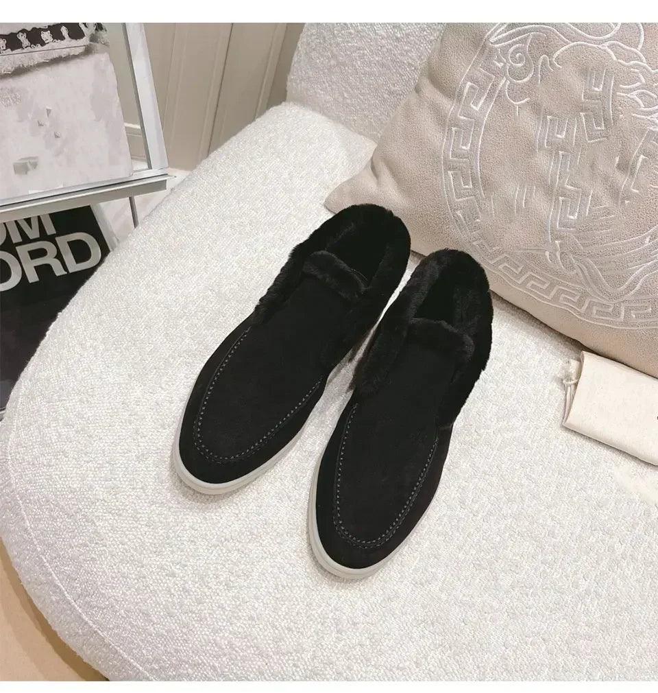 Fur ankle boots women’s cow suede loafers high quality 2025 winter flat shoes integrated warm snow