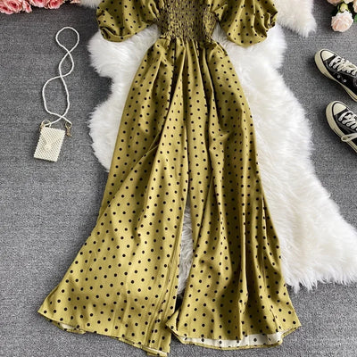 V Neck Sexy Dolman Sleeves Waist Slim Polka Dot Print Jumpsuit Women Wide Leg Trousers Jumpsuit