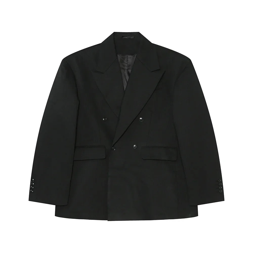 IEFB Korean Style Men's Blazers Double Breasted Shoulder Padded Tops Turn-down Collar Solid Color Loose Male Suit Jackets 9C8669