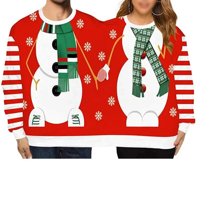 Double Ugly Christmas Couple Sweaters Siamese Twins Pullover 3D Printed Funny Couple Sweatshirt