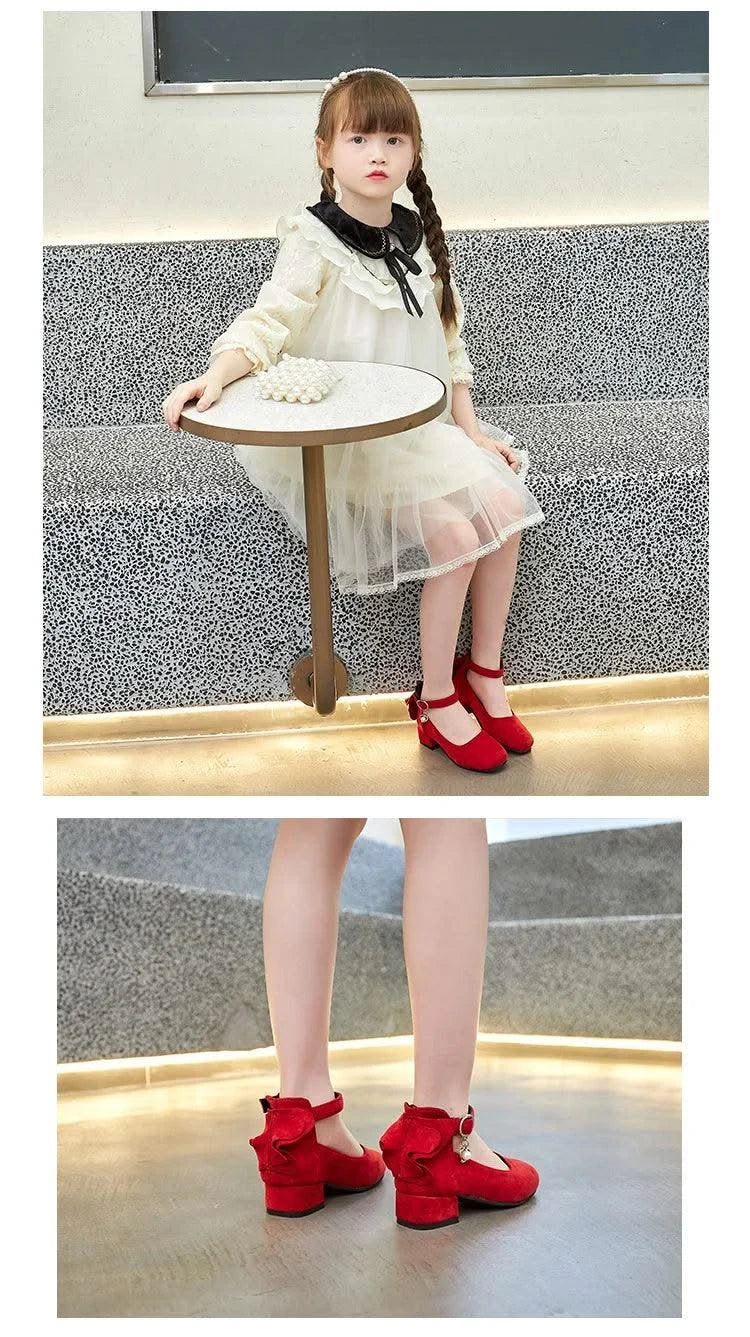 Kids Velvet Black, Pink, Red Leather High Heeled Shoes 3-15T | Girl's Princess Shoes For Party, Wedding, Dance | Children's Fashion