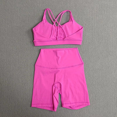 Yoga Shorts Set Gym Sports Set Women Fitness Suit Clothes 2 Piece Cross Back Bra Top High Waist Shorts Running Workout Tracksuit