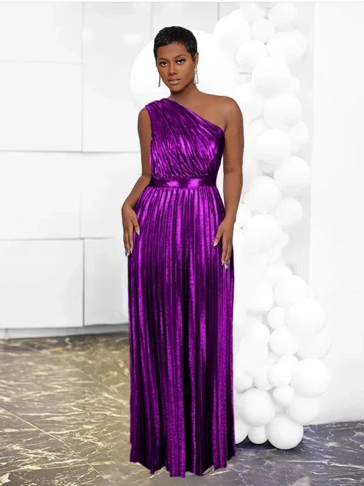 Elegant women even dresses luxury maxi long metallic pleated dress one shoulder sleeveless premium shiny shimmer gowns