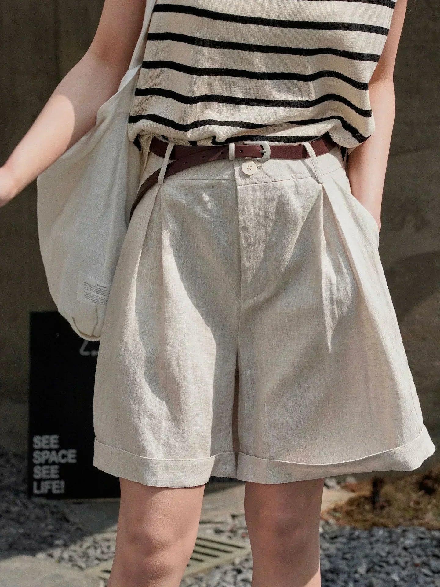 Summer korea style lazy linen curled bermuda shorts wide leg loose slim casual hot pants for women