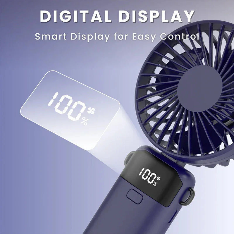 Heldhand Mini Fan Foldable 1500mHA Portable Neck Hanging Fans 5 Speed USB Rechargeable Fan  with Phone Stand and Display Screen