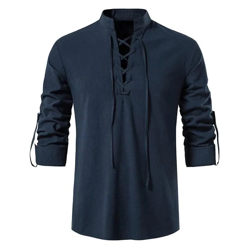 Happyjeffery Mens Cotton Linen Shirt Henry Collar with Drawstring Men Man Long Sleeve Beach Shirts Man Designer Cloth LS51