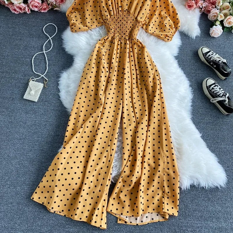 V Neck Sexy Dolman Sleeves Waist Slim Polka Dot Print Jumpsuit Women Wide Leg Trousers Jumpsuit