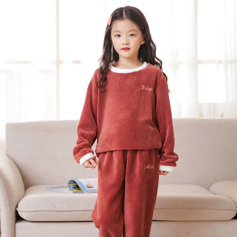 Flannel Pajama Pullover Top Winter Toddler Children Baby Coral Fleece Warm Sweatshirt Pant 2pcs Boy Girl Kids Fall Sleepwear Set