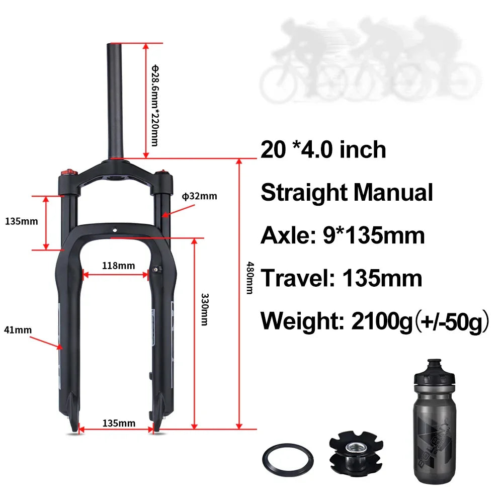 BOLANY Snow Bike Fat Front Fork 20x4.0 with Magnesium Alloy Hook 120mm Travel Air Suspension Compatible E-Bike Mountain Bike