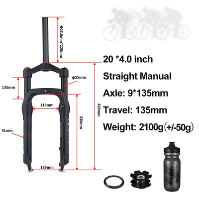 BOLANY Snow Bike Fat Front Fork 20x4.0 with Magnesium Alloy Hook 120mm Travel Air Suspension Compatible E-Bike Mountain Bike