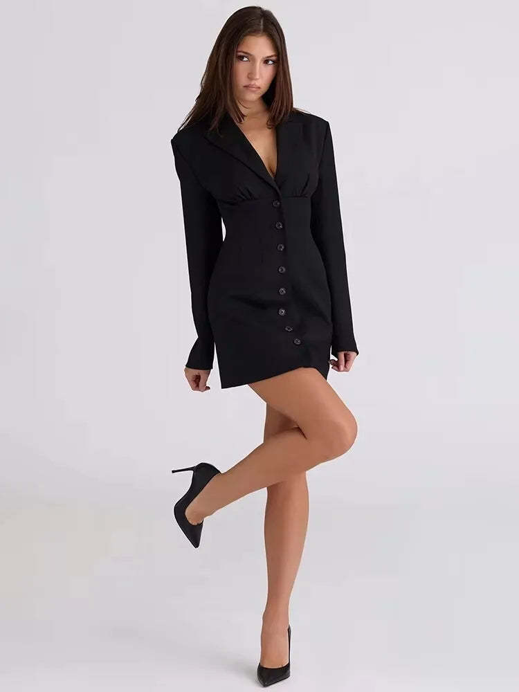 Blifanbo Single-breasted Sexy Blazer Dress Women Gown Elegant V Neck Long Sleeve Black High Waist Club Party Dress Office Lady