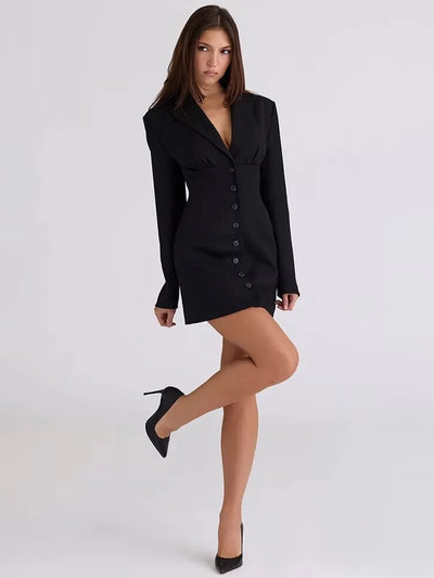 Blifanbo Single-breasted Sexy Blazer Dress Women Gown Elegant V Neck Long Sleeve Black High Waist Club Party Dress Office Lady