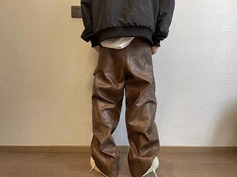 Mauroicardi Autumn Long Retro Cool Baggy Distressed Washed Brown Soft Pu Leather Wide Leg Pants for Men Luxury Designer Clothes