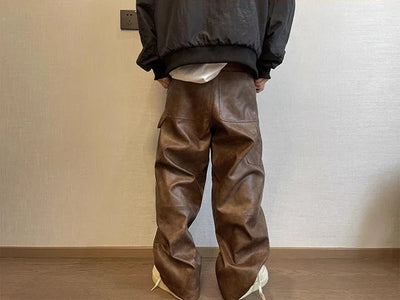 Mauroicardi Autumn Long Retro Cool Baggy Distressed Washed Brown Soft Pu Leather Wide Leg Pants for Men Luxury Designer Clothes