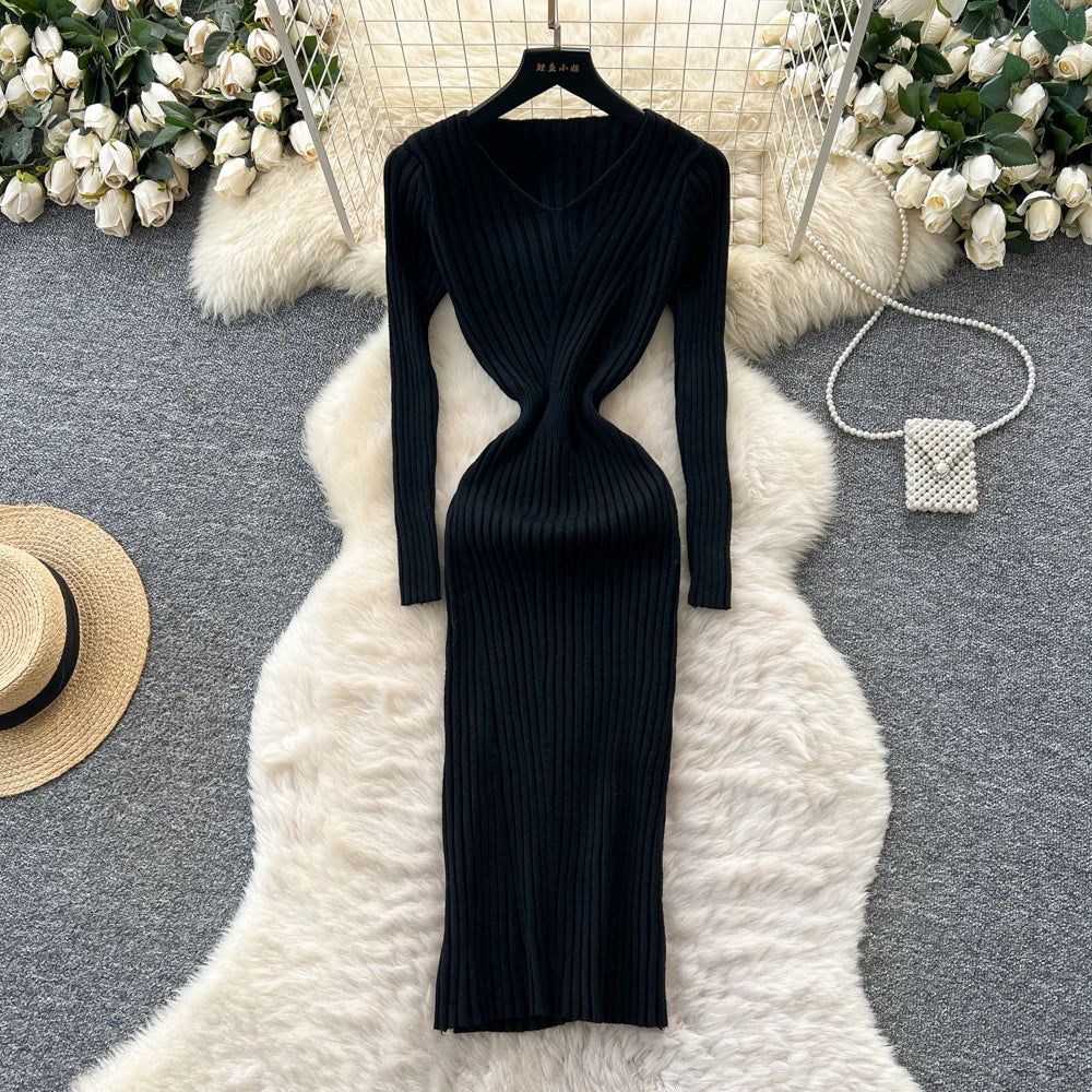 Sweater Knit Dress For Women Vintage Knitting Package Hip Elegant Lady Knitwear Elasticity Women's Autumn Winter Midi Dresses