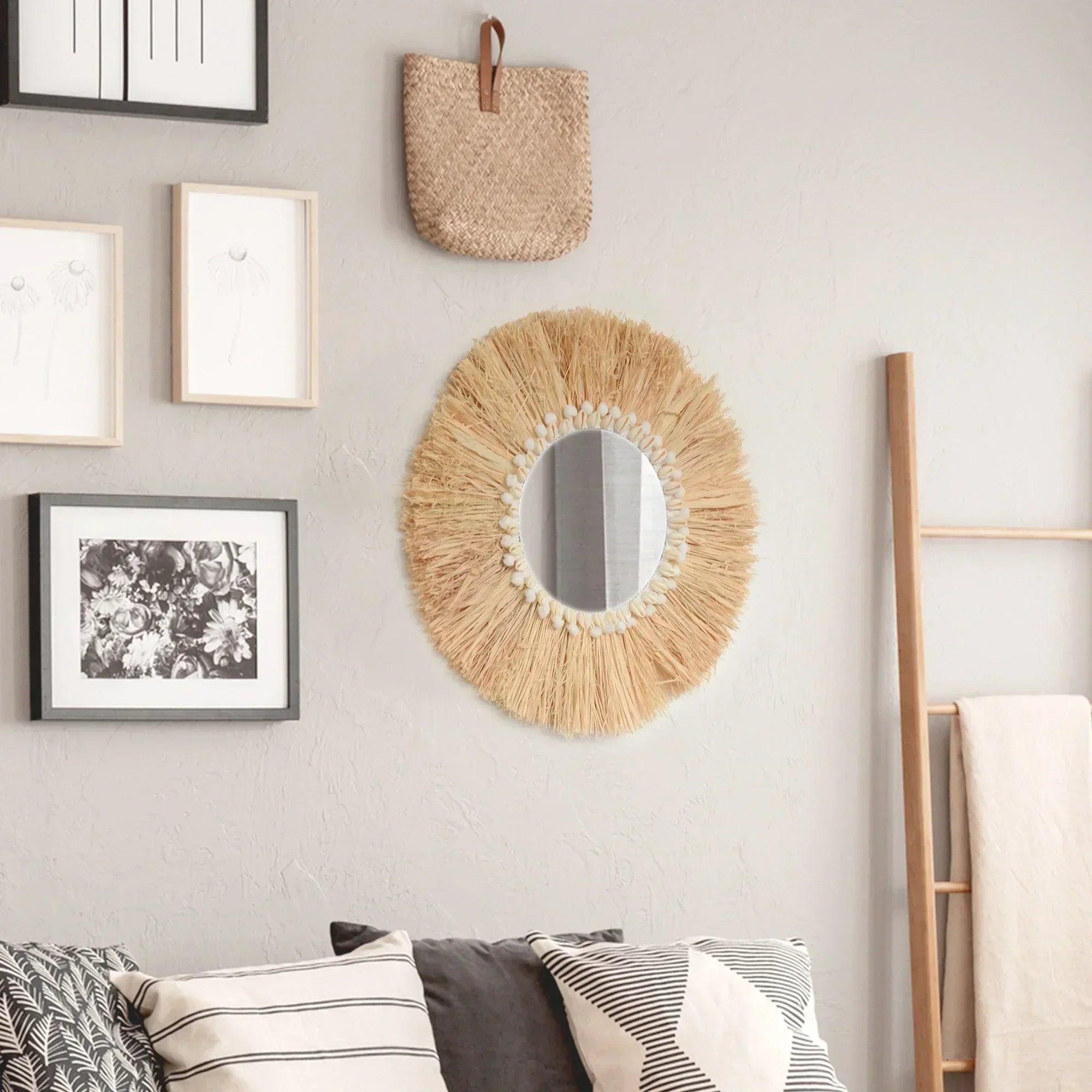 Boho home furnishing forest raffia decorative wall mirrors woven shell small yarn balltapestry living room decor mirror