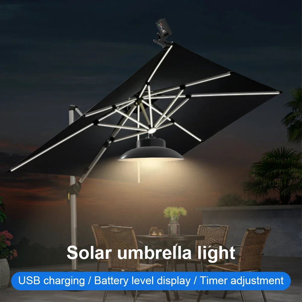 Solar Powered Patio Umbrella Light IP65 Waterproof LED Umbrella Lights Power Display Clip-On Umbrella Lamp for Garden Decoration