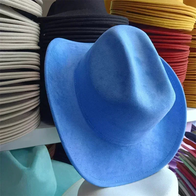 Western suede leather 7.5cm denim women’s fedora hat men’s church jazz fashion travel party 2024