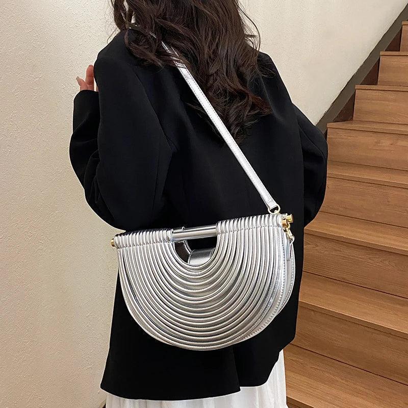 Handbags for women 2025 new gold luxury designer brand handwoven noodle bags rope knotted pulled half moon silver