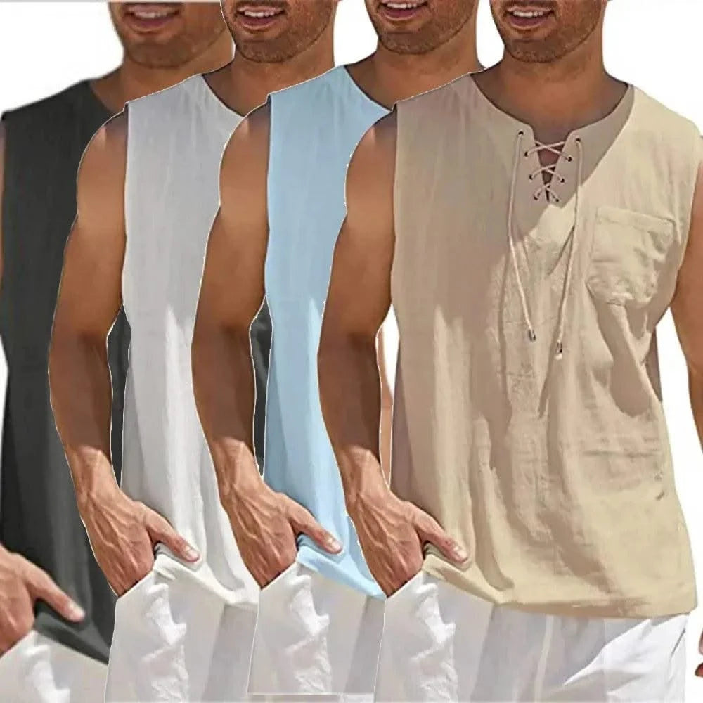 Summer Linen Shirts Men's Casual Leeveless Vest Bandage Lace Up Blouse Retro V Neck Fashion Loose Shirt Male SolidColor Tees Top