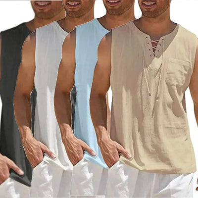 Summer Linen Shirts Men's Casual Leeveless Vest Bandage Lace Up Blouse Retro V Neck Fashion Loose Shirt Male SolidColor Tees Top