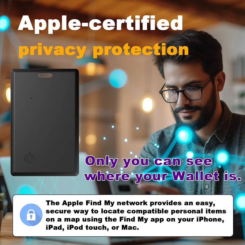 Slim black leather wallet with Apple Find My tracker card